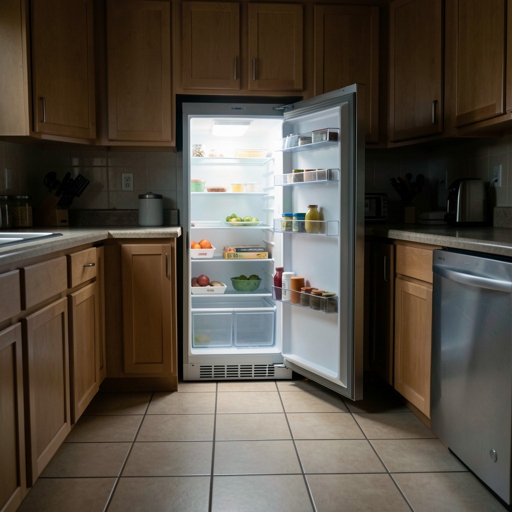Kitchen counter at night with a half-open refrigerator casting a pale glow on tiled floor, no person present, quiet and still