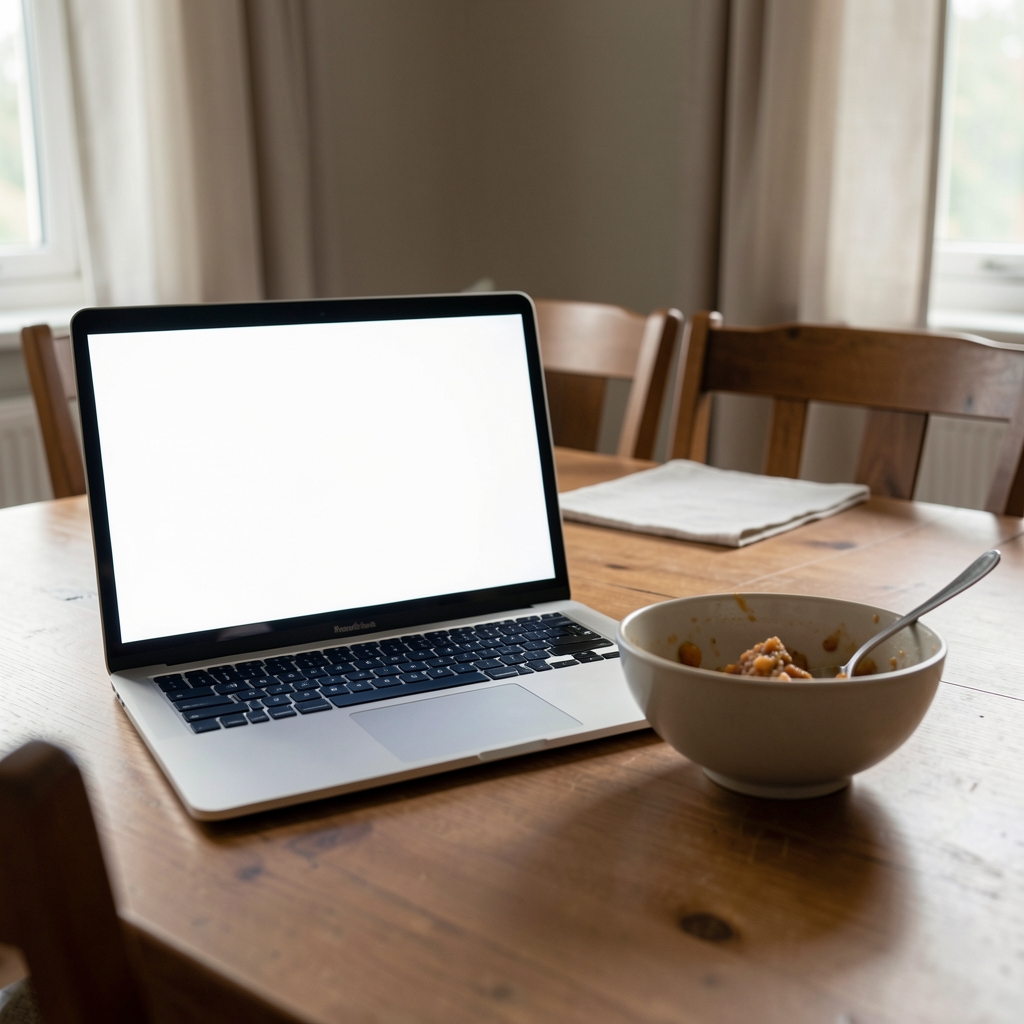 Laptop screen glowing on a dining table next to an unfinished bowl of food, spoon resting on side, room lit only by screen