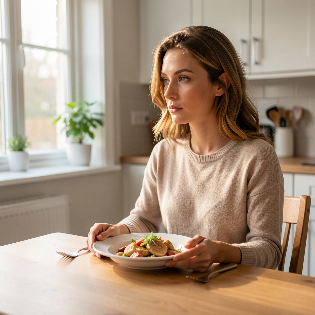 Woman sitting at a kitchen table with an untouched meal, looking out a window in soft morning light, contemplative expression