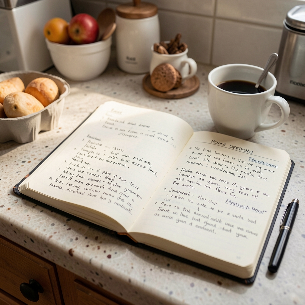 Handwritten food journal open beside a kitchen counter, coffee cup visible, morning light, personal observation notes